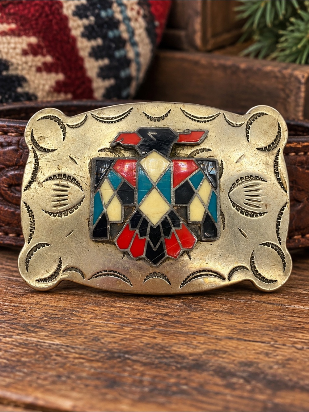 Vintage Southwestern Thunderbird Inlay Belt Buckle Nickel Silver Western Style